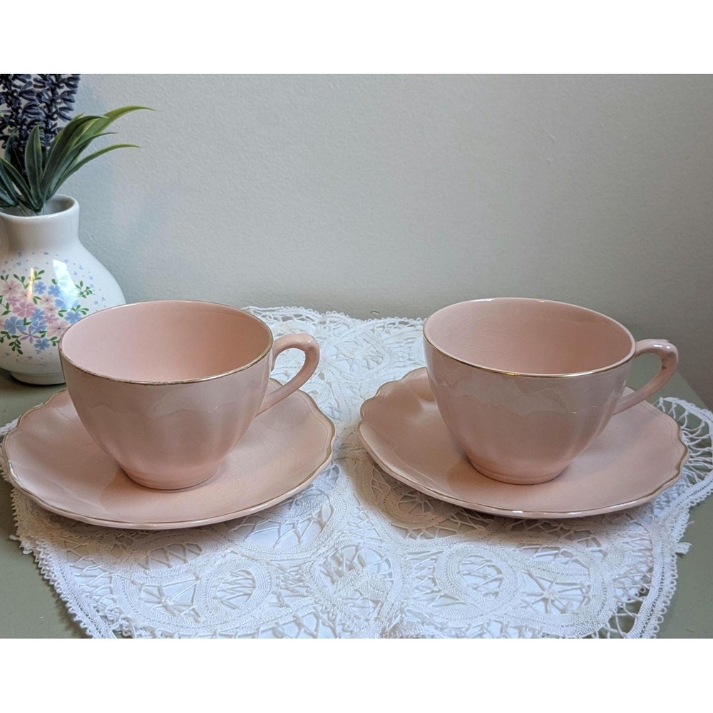 J G Meakin Glamour Rosa Pink Tea Cups & Saucers Set of 2 England Vintage